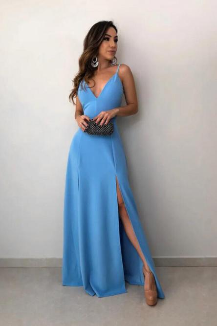 A-Line Spaghetti Straps Floor-Length Sky Blue Prom Dress with Split PDN30