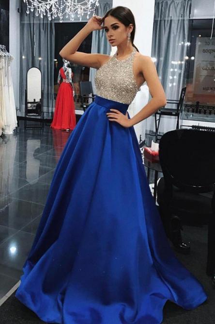 A-Line Halter Backless Sweep Train Royal Blue Prom Dress with Beading Pockets PDN33