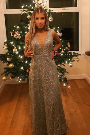 Popular V-Neck Long Silver Prom Dress with Beading Sequin Evening Dress PDS76