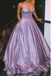 A-Line Spaghetti Straps Long Prom Dress Glitter Lilac Evening Dress PDQ89