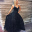 A Line Spaghetti Straps Floor Length Navy Sequined Prom Dress PDQ61