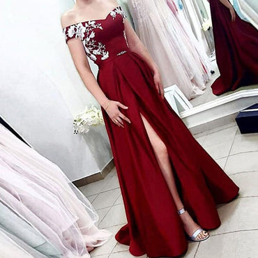A Line Off the Shoulder Short Sleeves Burgundy Satin Prom Dress With Split PDQ64