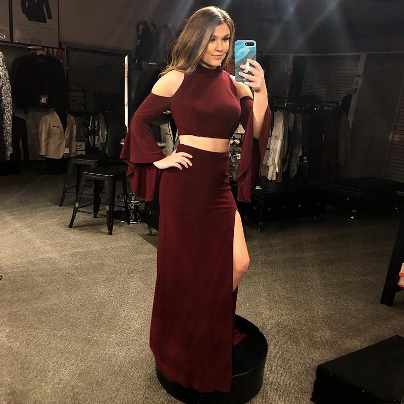 Two Piece Mermaid Cold Shoulder Long Sleeves Burgundy Prom Dress With Split PDQ54