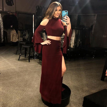 Two Piece Mermaid Cold Shoulder Long Sleeves Burgundy Prom Dress With Split PDQ54