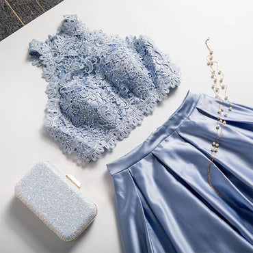 Two Piece A Line Jewel Light Sky Blue Floor Length Prom Dress With Lace Top PDQ55