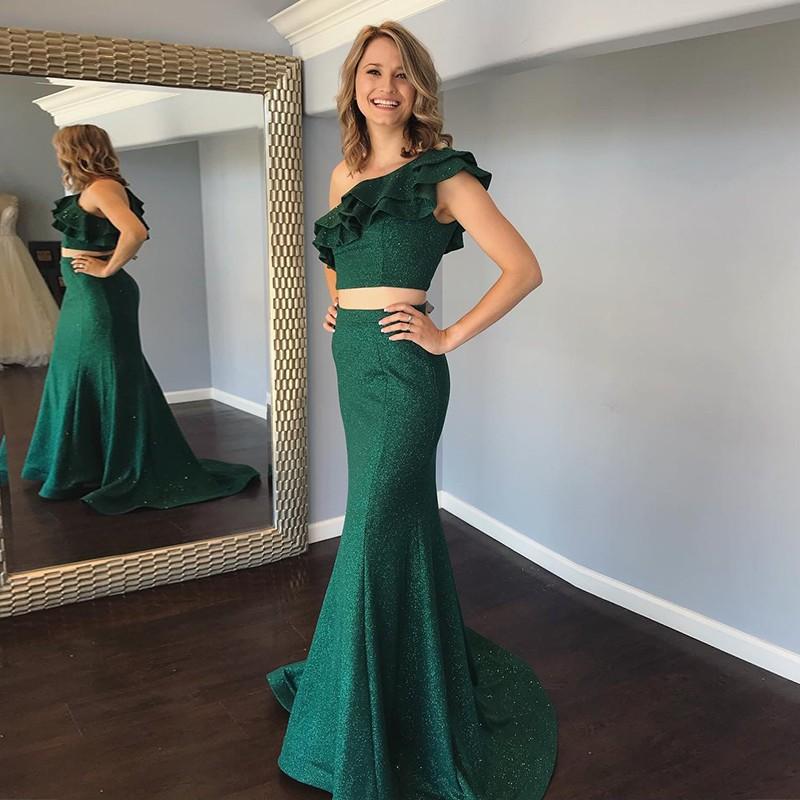 Cheap Two Pieces Mermaid One Shoulder Green Prom Dress With Ruffles PDK69