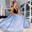 A Line Deep V-Neck Floor Length Sky Blue Prom Dress With Sequined PDQ58