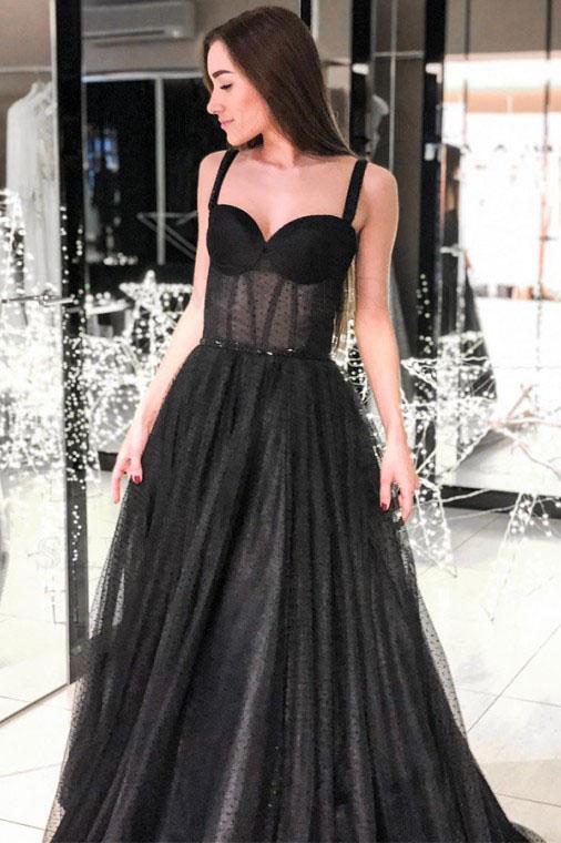 A-Line Spaghetti Straps Long Prom Dress Sleeveless Black Evening Dress PDS78