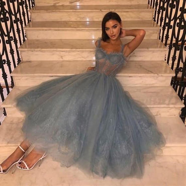 A Line Spaghetti Straps Tea Length Dusty Blue Tulle Prom Dress PDS69