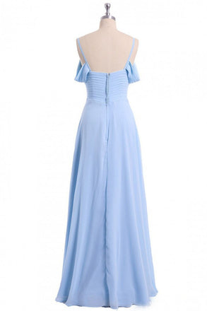 A-line Sky Blue Long Bridesmaid Dress, Off Shoulder Chiffon Long Prom Dress PDO81