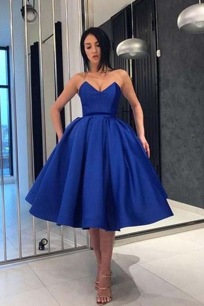 Ball Gown V Neck Royal Blue Strapless Prom Dresses with Pockets, Elegant Homecoming Dresses PPD64