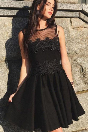 Cute A Line Round Neck Black Lace Short Homecoming Dresses, Little Black Dresses PPD58