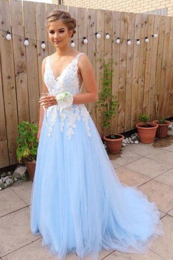 Gorgeous A Line V Neck Backless Sky Blue Tulle Long Prom Dresses PDF27