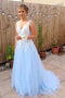 Gorgeous A Line V Neck Backless Sky Blue Tulle Long Prom Dresses PDF27