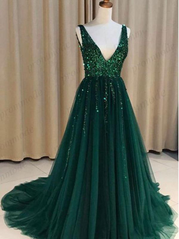 Sexy V-neck V-back Green Tulle Evening Dresses,Cheap Long A Line Prom Dresses PDI54