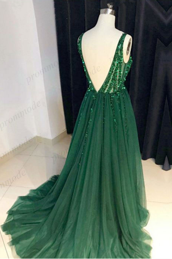 Sexy V-neck V-back Green Tulle Evening Dresses,Cheap Long A Line Prom Dresses PDI54