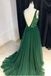 Sexy V-neck V-back Green Tulle Evening Dresses,Cheap Long A Line Prom Dresses PDI54