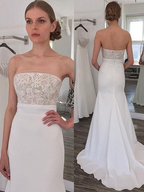 Simple Strapless Mermaid Long Wedding Dress with Sweep Train PDL46