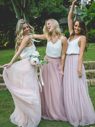 Gorgeous Two Piece Pink Tulle Long Bridesmaid Dress with White Top PPD95