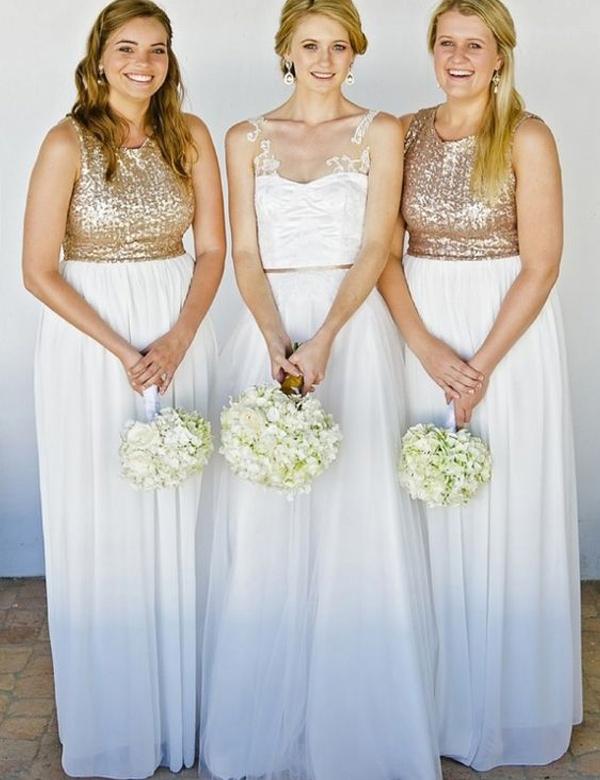 Sequins Top Off White Long Chiffon Bridesmaid Dress PPD94