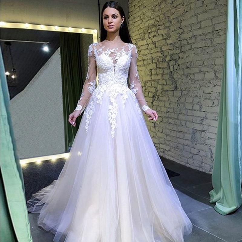 A Line Long Sleeves Round Neck Tulle Lace Appliques Wedding Dresses PDP73