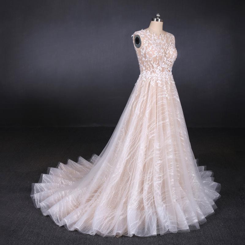 A Line Lace Sleeveless Elegant Wedding Dress, Backless Long Bridal Dresses PDQ27