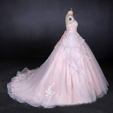 Romantic Pearl Pink Ball Gown Wedding Dress, Sweetheart Appliques Bridal Gown PDQ24