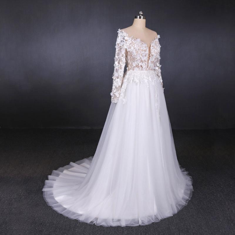 A Line Tulle Lace Appliques Long Sleeves Wedding Dress, Cheap Bridal Dresses PDQ28