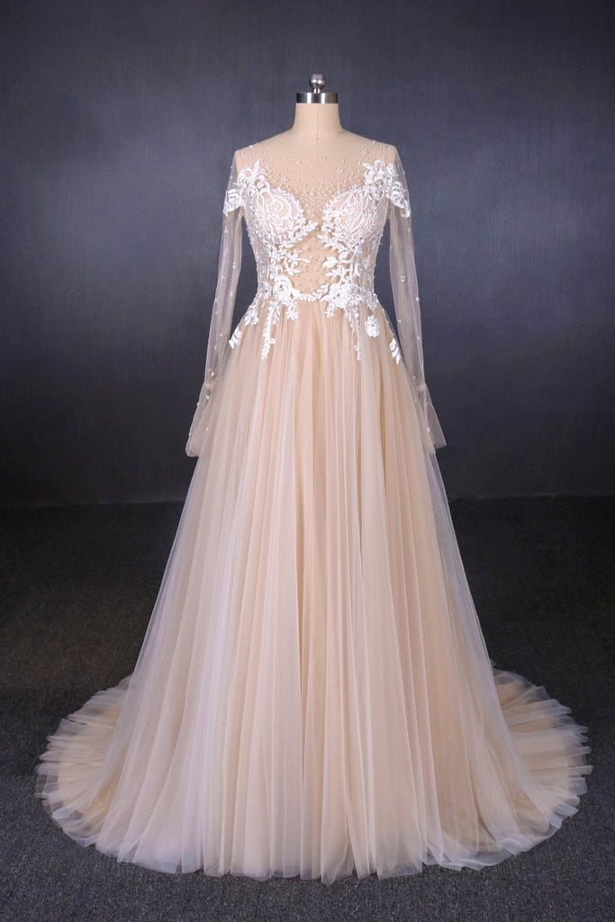 Charming A Line Long Sleeves Lace Appliques Tulle Wedding Dress PDQ30