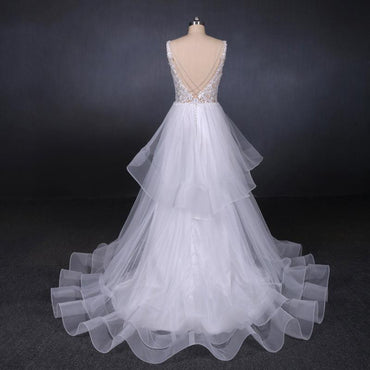 A Line V Neck Layered Backless Wedding Dress, Long Bridal Gown PDQ23