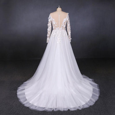 A Line Tulle Lace Appliques Long Sleeves Wedding Dress, Cheap Bridal Dresses PDQ28