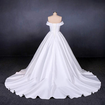 Off the Shoulder White Ball Gown Simple Wedding Dress, Satin Bridal Gown PDQ20