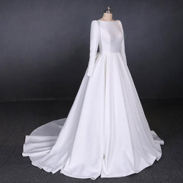 Simple A Line Long Sleeves Satin Wedding Dress, New Arrival White Long Bridal Gown PDQ13