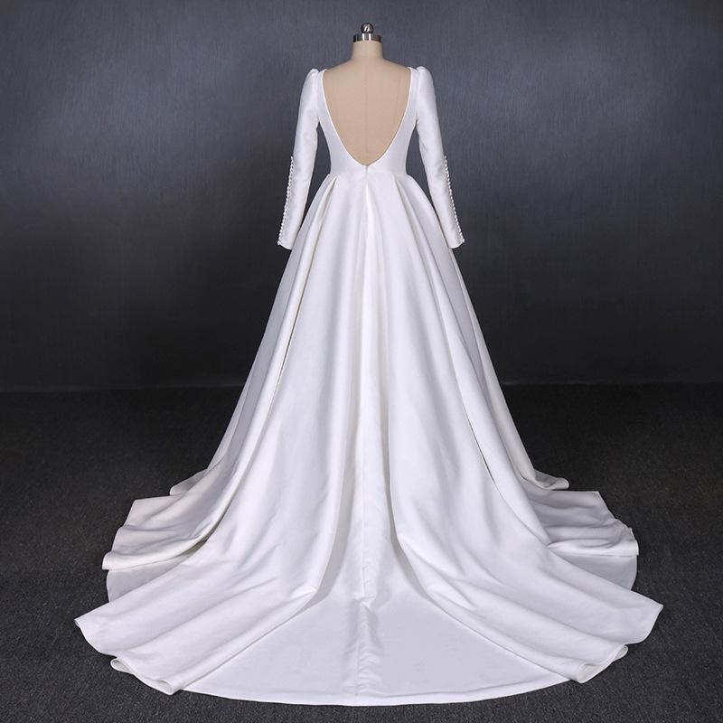 Simple A Line Long Sleeves Satin Wedding Dress, New Arrival White Long Bridal Gown PDQ13