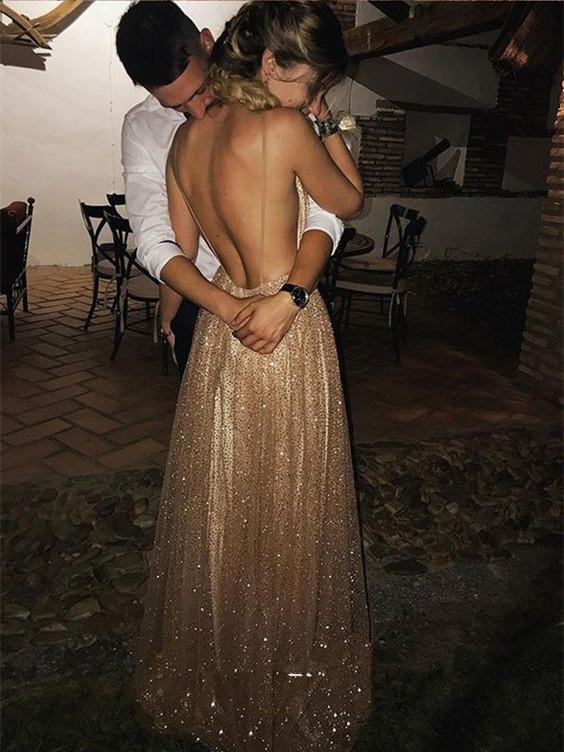 A-line Spaghetti Straps V-neck Sexy Backless Sequins Prom Party Dresses PDF32