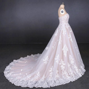A Line Strapless Lace Appliques Wedding Dress, Cheap Bridal Dresses PDQ16