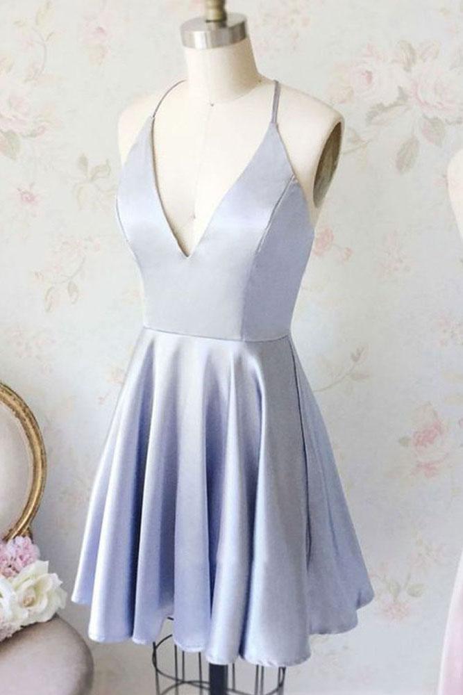 Cute A Line V Neck Satin Short Homecoming Dresses with Pockets PPD70