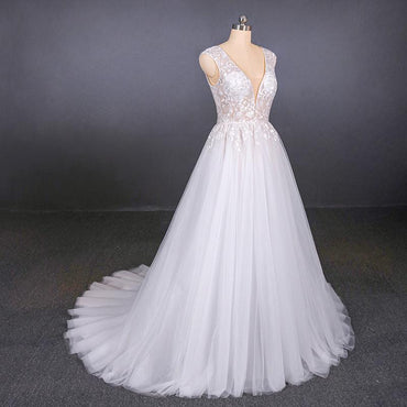 Stunning A Line V Neck Tulle Lace Appliques Wedding Dresses, Bridal Dress PDQ12