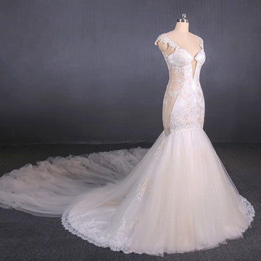 Charming Mermaid Tulle Wedding Dress, Chapel Train Long Bridal Gown PDQ14