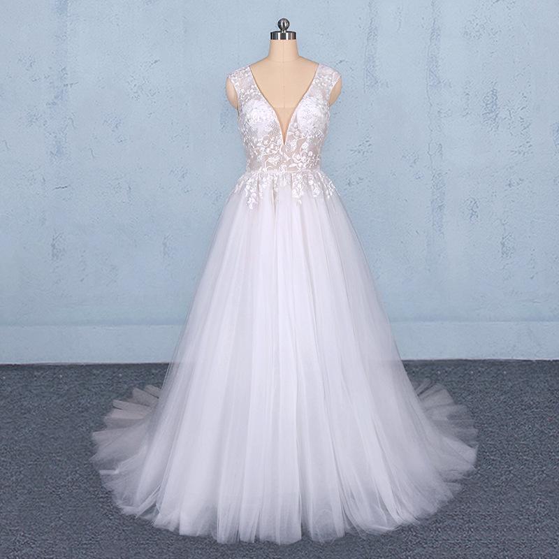Stunning A Line V Neck Tulle Lace Appliques Wedding Dresses, Bridal Dress PDQ12