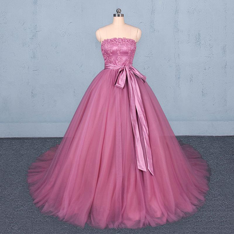 Strapless A Line Tulle Lace Appliques Prom Dresses, Long Formal Dress PDQ22