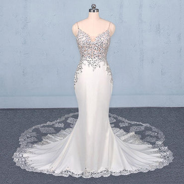 Mermaid Spaghetti Straps Beading Wedding Dress, Elegant Appliques Bridal Dresses PDQ15
