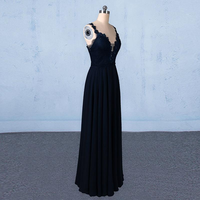 Navy Blue Chiffon V Neck A Line Long Prom Dresses With Lace Top PDQ21