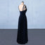 Navy Blue Chiffon V Neck A Line Long Prom Dresses With Lace Top PDQ21