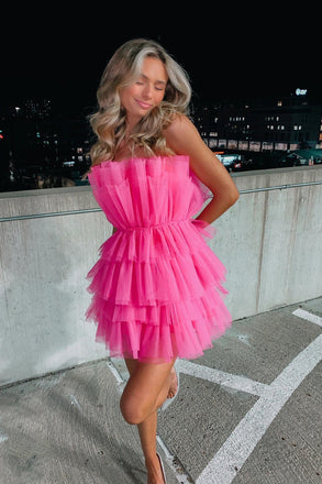A Line Hot Pink Strapless Tiered Short Homecoming Dress, Short Mini Cocktail Dresses OMH0045