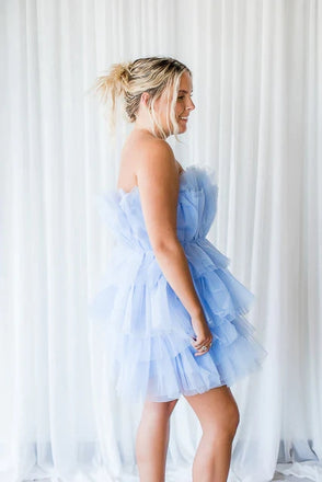 Cute A Line Blue Tulle Tiered Strapless Short Prom Dresses, Homecoming Dress OMH0218