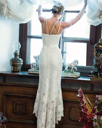 Elegant Lace White Sheath Prom Dress, Lace Simple Wedding Dress PDP70