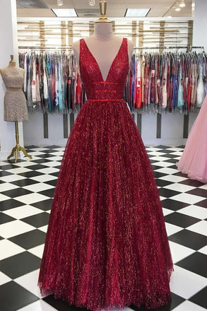 Charming Burgundy V Neck Sleeveless Sequin Prom Dresses A Line Formal Party Dress PDI56