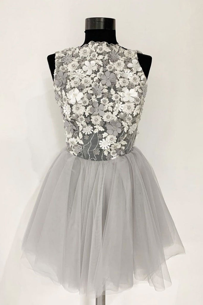 Gray Tulle Lace Short Prom Dress, A Line Flowers Homecoming Dress PDP44