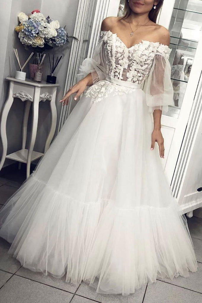 Off the Shoulder Long Sleeves Appliques Tulle A Line Prom Dresses PDQ1